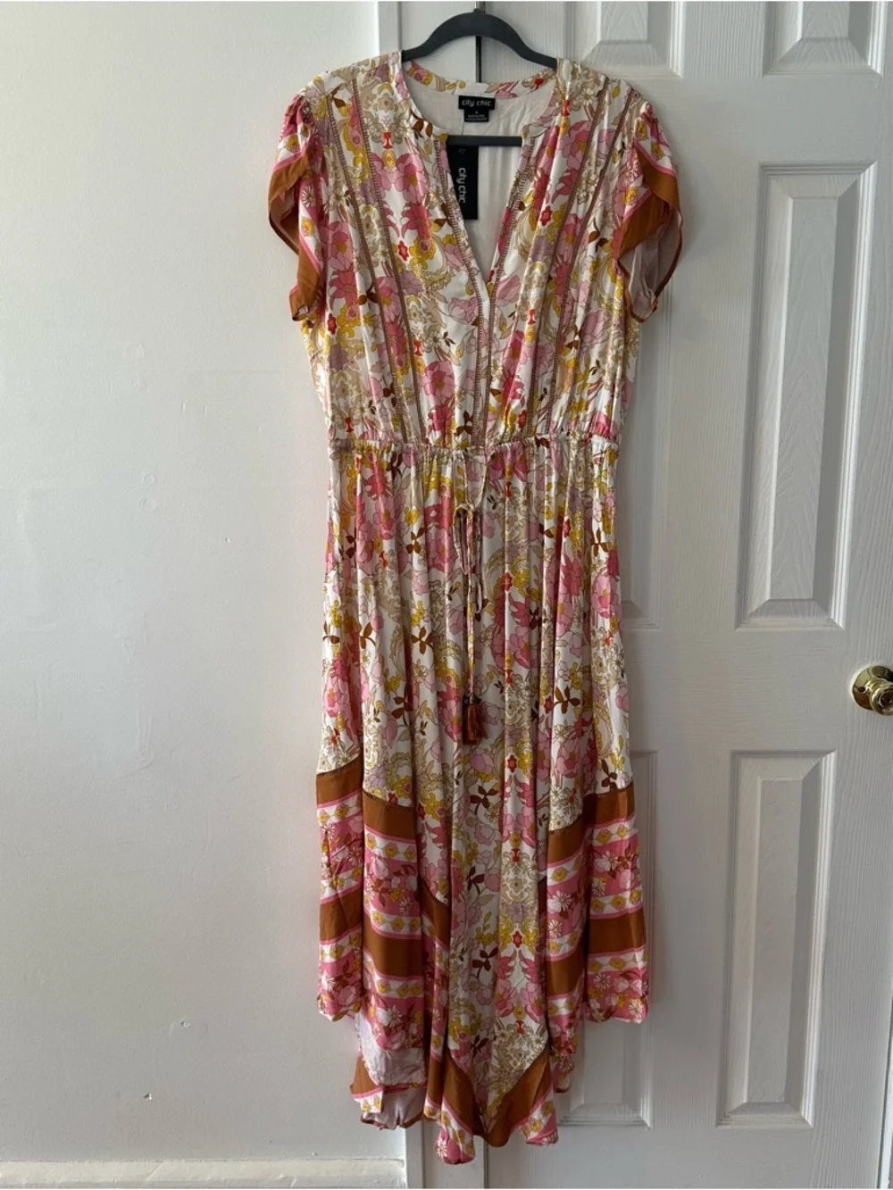City Chic Boho Floral Paisley V-Neck Maxi Sky Dress, Viscose, Flowy, Western